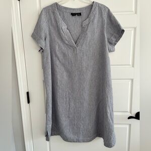 Tahari 100% Linen PinStripe Dress Tunic Split V Neck Coastal Grandma Beachy 1X